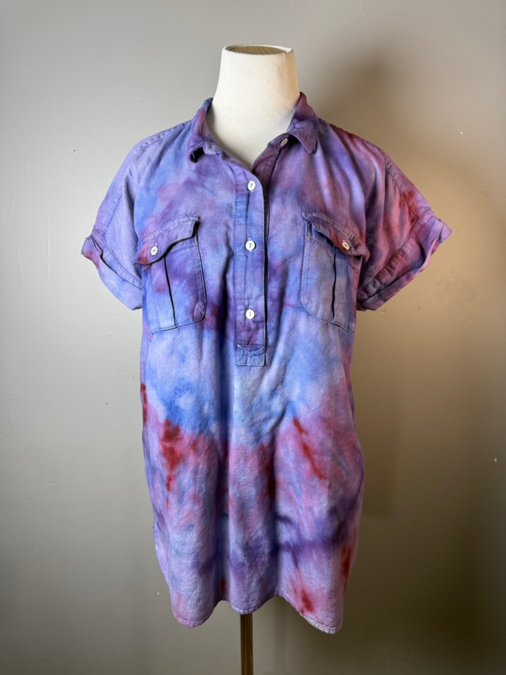 Tie-Dye denim shirt in Purple & Blue with Red Accents